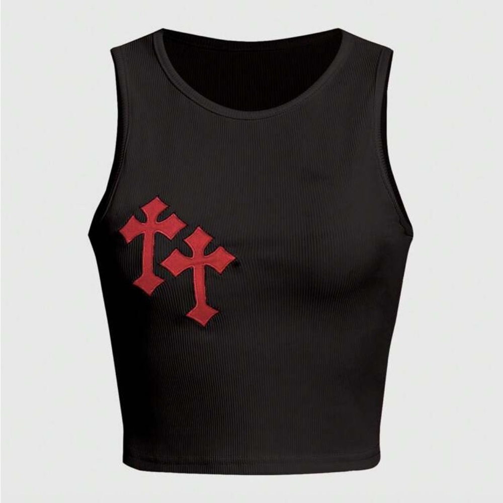 ⭐️Black Tank Top w/ Double Red Cross Design SHEIN M NWT